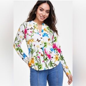 I.N.C. International Concepts Petite Printed‎ Zip-Pocket Floral Top - Size L